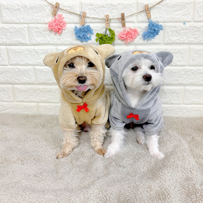 冬向けの犬用洋服、ふわふわで暖かいクマさん着ぐるみドッグウェア。防寒対策◎。汚れ防止＆抜け毛対策に最適。おしゃれで可愛いデザインが小型犬のお散歩や部屋着にもぴったり。