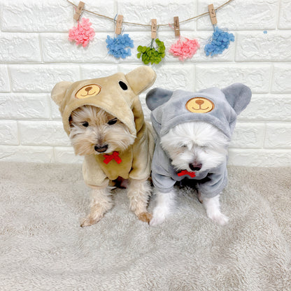 冬向けの犬用洋服、ふわふわで暖かいクマさん着ぐるみドッグウェア。防寒対策◎。汚れ防止＆抜け毛対策に最適。おしゃれで可愛いデザインが小型犬のお散歩や部屋着にもぴったり。