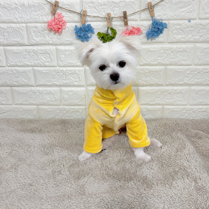 秋冬向けの犬用洋服、暖かいコーデュロイ素材のおしゃれなドッグウェア。防寒・汚れ防止・抜け毛対策に最適。前ボタン仕様で着脱簡単、小型犬にもおすすめ。