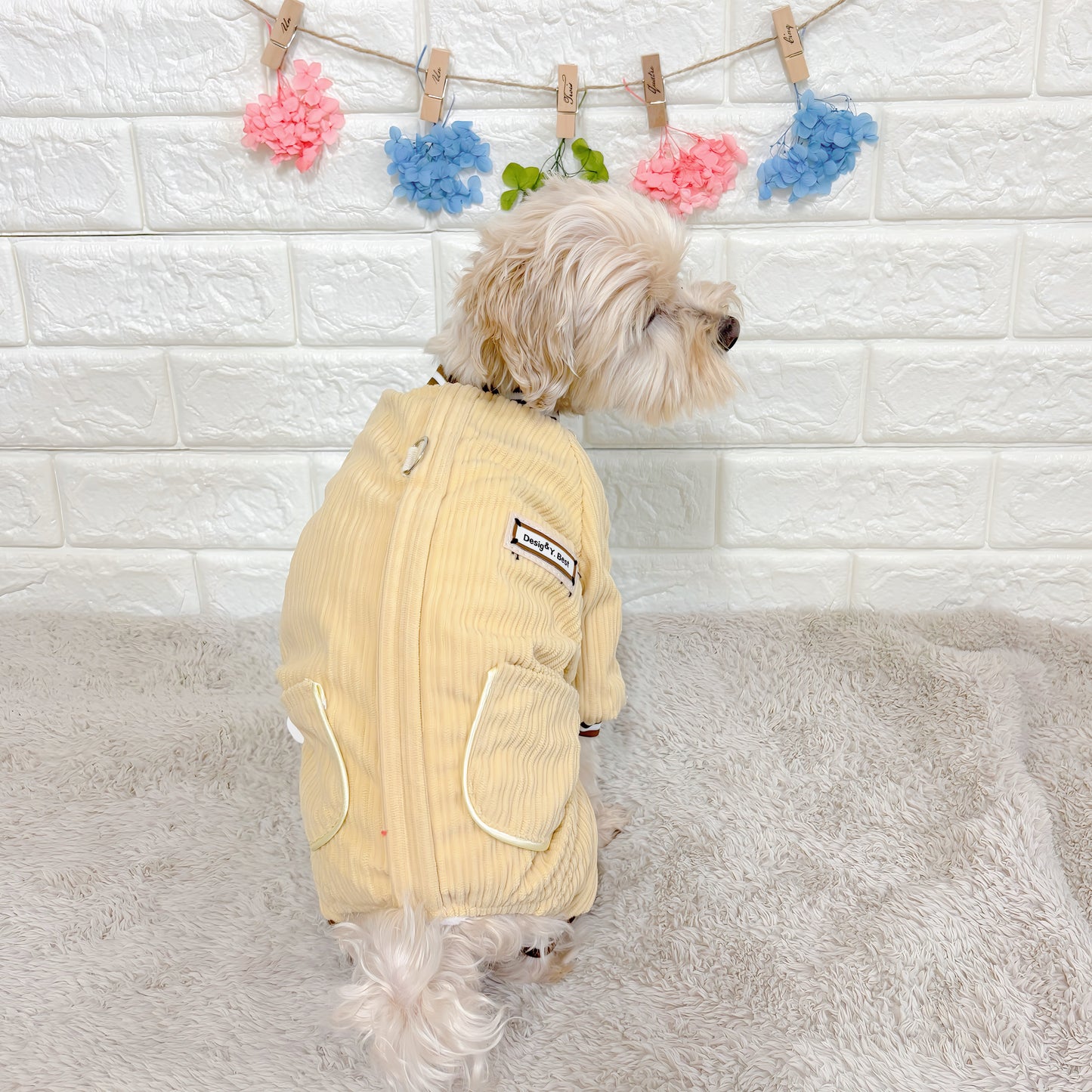秋冬向けの犬用洋服、ふわふわで暖かいストライプデザインのドッグウェア。防寒・汚れ防止・抜け毛対策に最適。前ボタン仕様で着脱簡単、小型犬にもおすすめ。