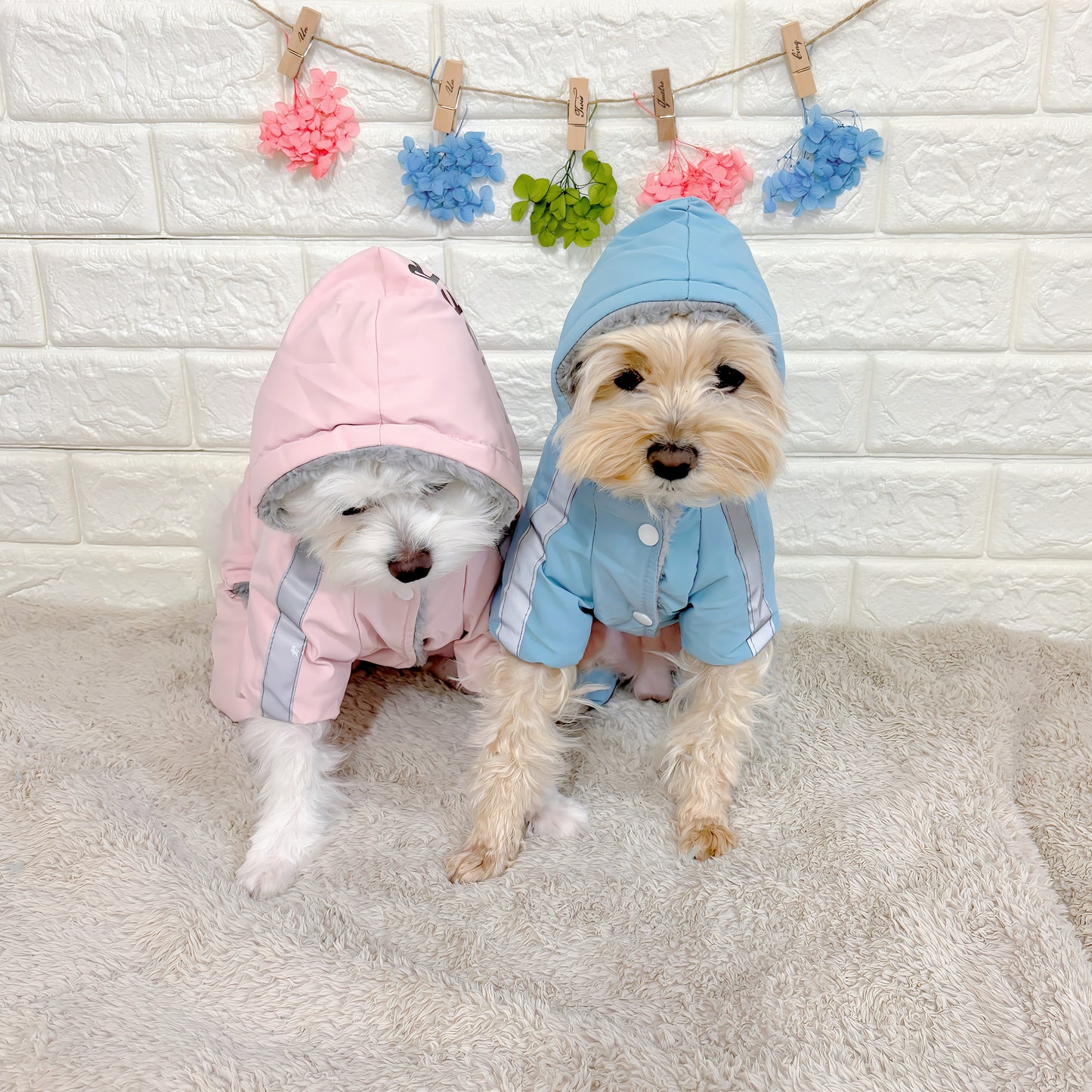 冬向けの犬用洋服、暖かいダウンジャケット風ドッグウェア。もこもこ裏地で防寒対策◎。汚れ防止＆抜け毛対策に最適。反射テープ付きで夜間のお散歩も安心な小型犬向けデザイン。