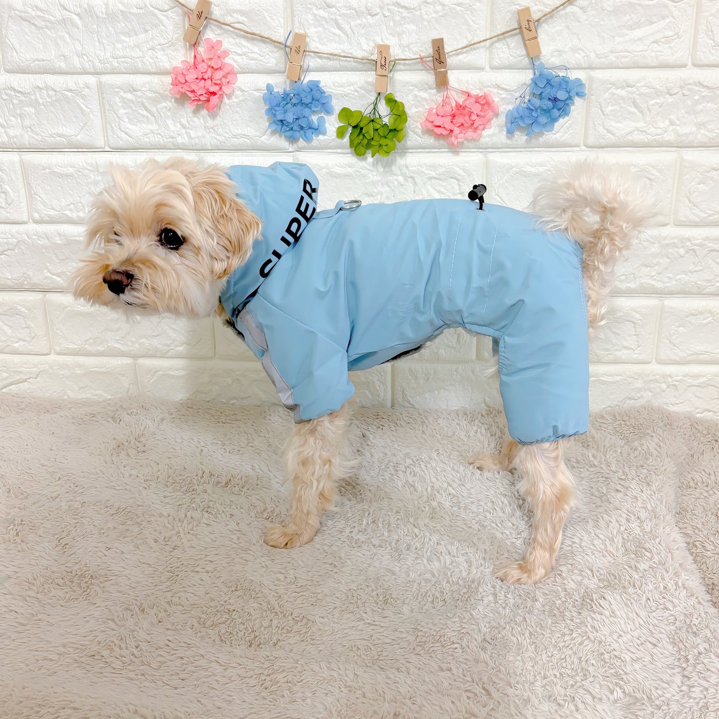 冬向けの犬用洋服、暖かいダウンジャケット風ドッグウェア。もこもこ裏地で防寒対策◎。汚れ防止＆抜け毛対策に最適。反射テープ付きで夜間のお散歩も安心な小型犬向けデザイン。