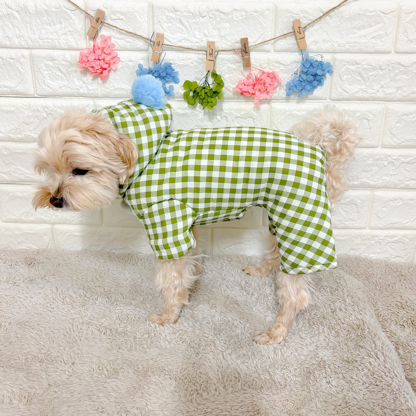 秋冬向けの犬用洋服、内側ふわふわ素材で暖かいギンガムチェック柄ドッグウェア。防寒・汚れ防止・抜け毛対策◎。ポンポン付きデザインが可愛く、小型犬にも最適な一着。
