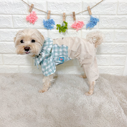 春・夏・秋向けの犬用洋服、おしゃれで可愛いチェック柄ドッグウェア。防蚊・紫外線対策◎。汚れ防止＆抜け毛対策に最適。前ボタン仕様で着脱簡単、小型犬にも快適なリラックスウェア。