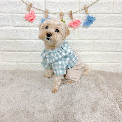 春・夏・秋向けの犬用洋服、おしゃれで可愛いチェック柄ドッグウェア。防蚊・紫外線対策◎。汚れ防止＆抜け毛対策に最適。前ボタン仕様で着脱簡単、小型犬にも快適なリラックスウェア。