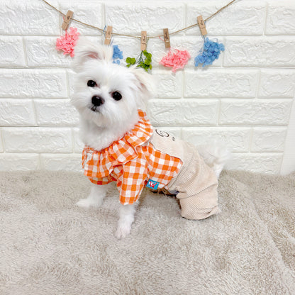 春・夏・秋向けの犬用洋服、おしゃれで可愛いチェック柄ドッグウェア。防蚊・紫外線対策◎。汚れ防止＆抜け毛対策に最適。前ボタン仕様で着脱簡単、小型犬にも快適なリラックスウェア。