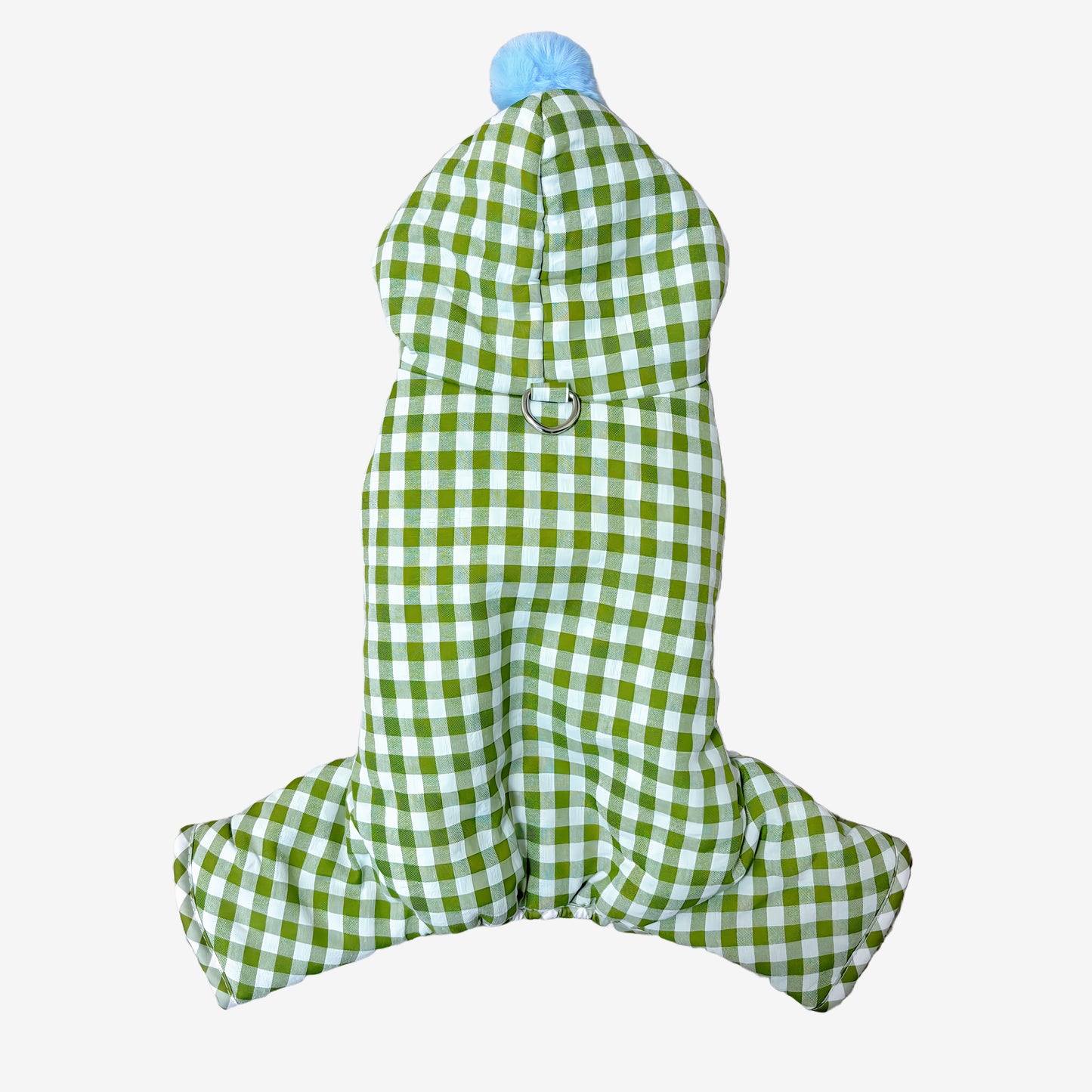 秋冬向けの犬用洋服、内側ふわふわ素材で暖かいギンガムチェック柄ドッグウェア。防寒・汚れ防止・抜け毛対策◎。ポンポン付きデザインが可愛く、小型犬にも最適な一着。