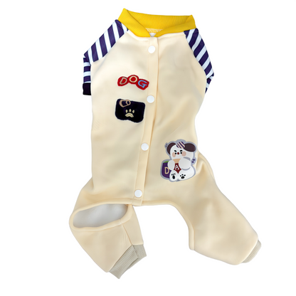 春・秋向けの犬用洋服、おしゃれで可愛いボーダーデザインのドッグウェア。防寒・汚れ防止・抜け毛対策◎。後ろボタン仕様で着脱簡単、小型犬にも快適なロンパース型デザイン。