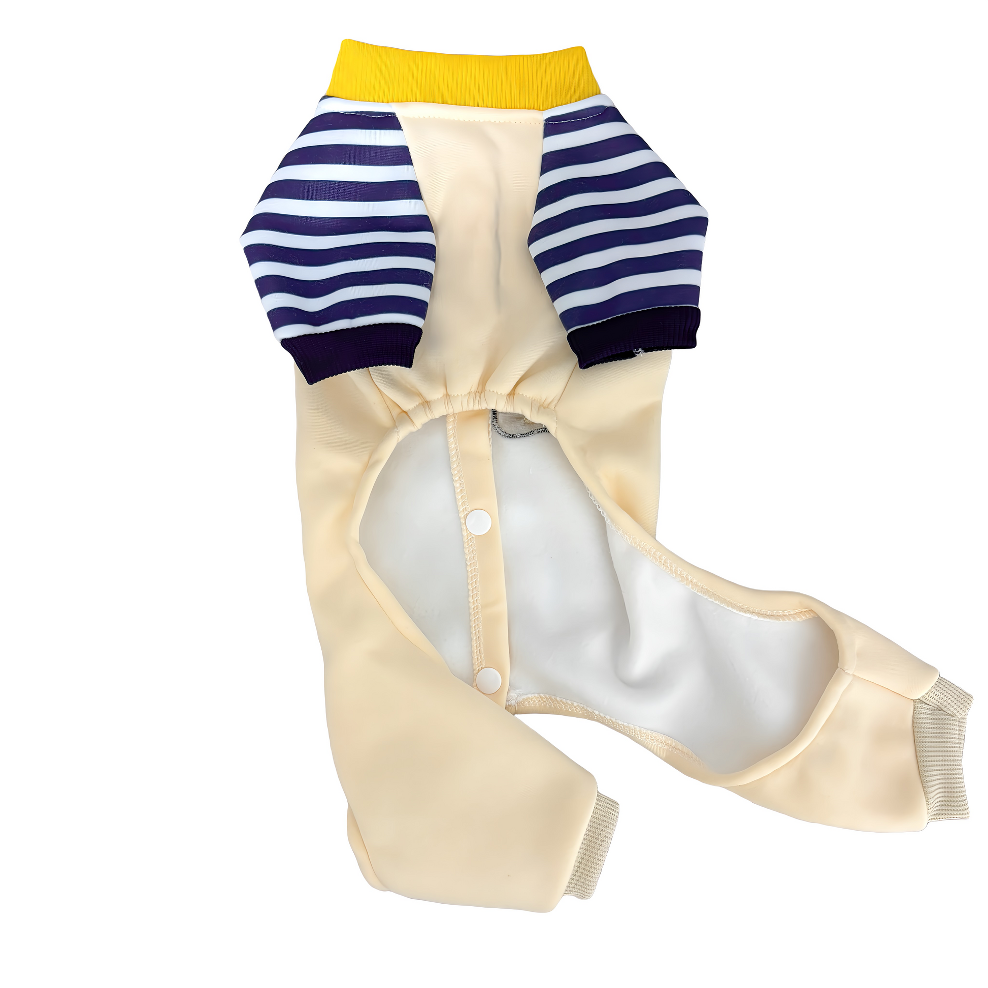 春・秋向けの犬用洋服、おしゃれで可愛いボーダーデザインのドッグウェア。防寒・汚れ防止・抜け毛対策◎。後ろボタン仕様で着脱簡単、小型犬にも快適なロンパース型デザイン。