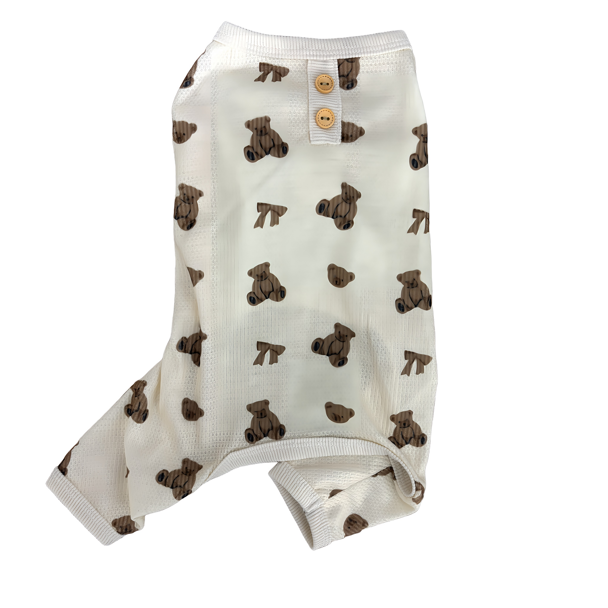 春・秋向けの犬用洋服、くまさん柄の可愛いドッグウェア。肌に優しい綿素材で、汚れ防止・防蚊対策・抜け毛対策にも最適なロンパース型パジャマ。