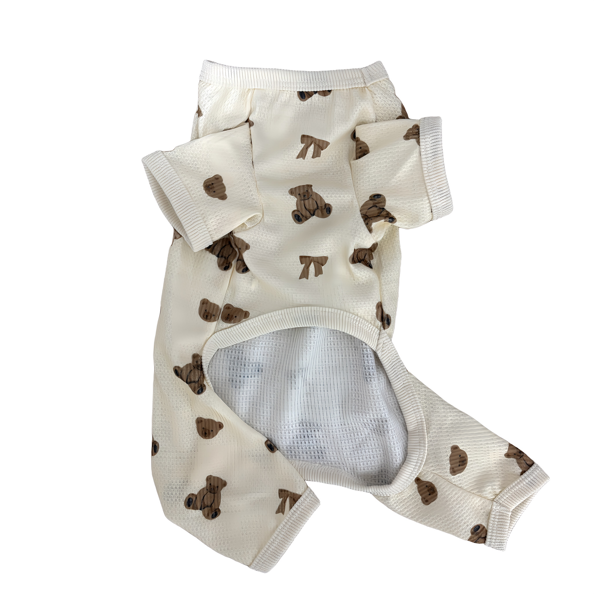 春・秋向けの犬用洋服、くまさん柄の可愛いドッグウェア。肌に優しい綿素材で、汚れ防止・防蚊対策・抜け毛対策にも最適なロンパース型パジャマ。