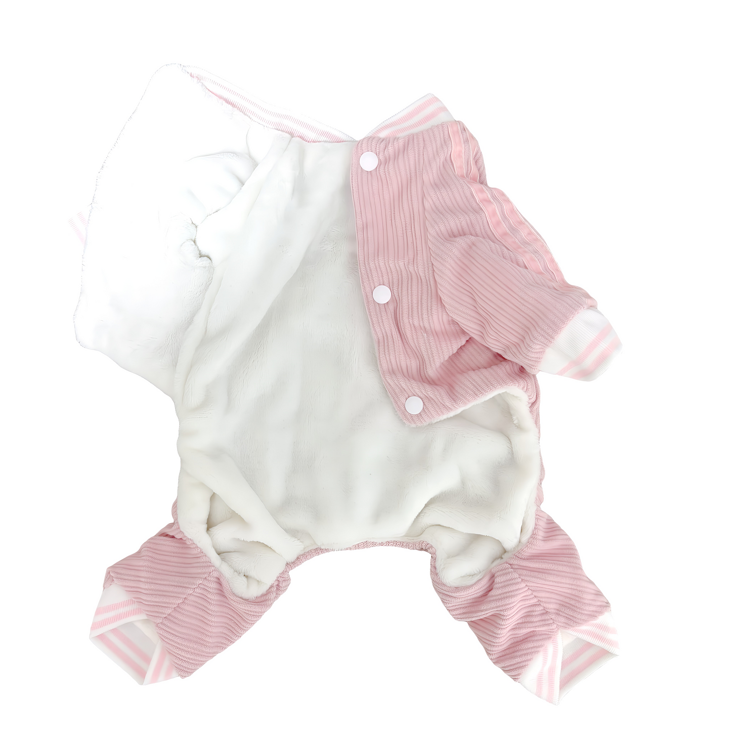 秋冬向けの犬用洋服、ふわふわで暖かいストライプデザインのドッグウェア。防寒・汚れ防止・抜け毛対策に最適。前ボタン仕様で着脱簡単、小型犬にもおすすめ。