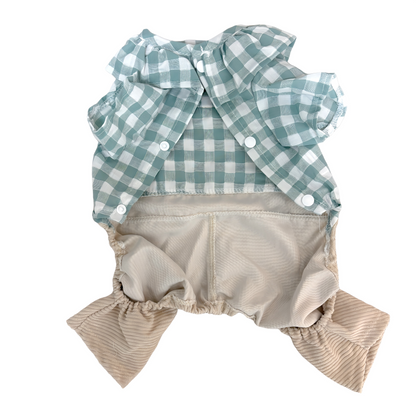 春・夏・秋向けの犬用洋服、おしゃれで可愛いチェック柄ドッグウェア。防蚊・紫外線対策◎。汚れ防止＆抜け毛対策に最適。前ボタン仕様で着脱簡単、小型犬にも快適なリラックスウェア。