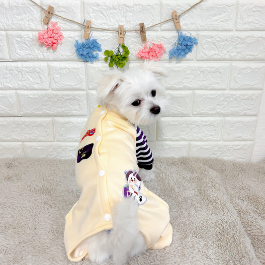春・秋向けの犬用洋服、おしゃれで可愛いボーダーデザインのドッグウェア。防寒・汚れ防止・抜け毛対策◎。後ろボタン仕様で着脱簡単、小型犬にも快適なロンパース型デザイン。