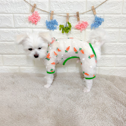 Dog clothes for spring and summer, mesh fabric dog wear with a cute carrot pattern. A romper for small dogs that is highly breathable, cool and comfortable, and perfect for repelling insects, dirt, and hair loss.