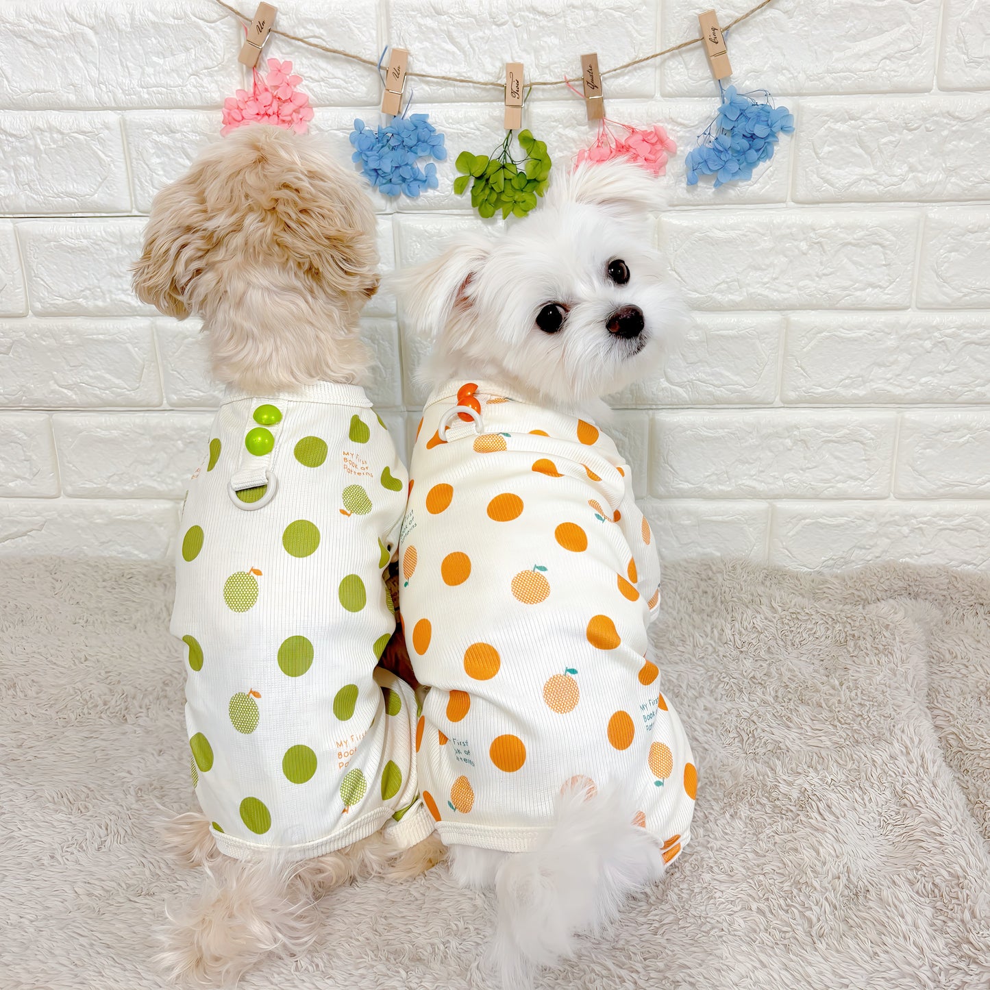 春夏向けの犬用洋服、おしゃれで可愛いフルーツ柄ドッグウェア。防蚊機能＆虫よけ対策◎。汚れ防止＆抜け毛対策に最適。伸縮性があり快適な着心地で、小型犬の部屋着やお散歩にもぴったり。