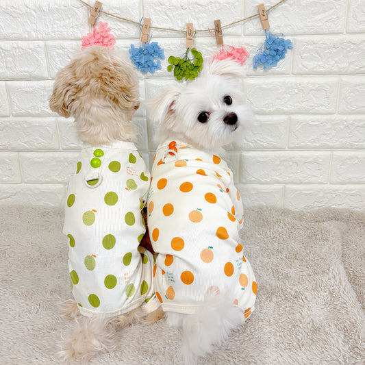 春夏向けの犬用洋服、おしゃれで可愛いフルーツ柄ドッグウェア。防蚊機能＆虫よけ対策◎。汚れ防止＆抜け毛対策に最適。伸縮性があり快適な着心地で、小型犬の部屋着やお散歩にもぴったり。